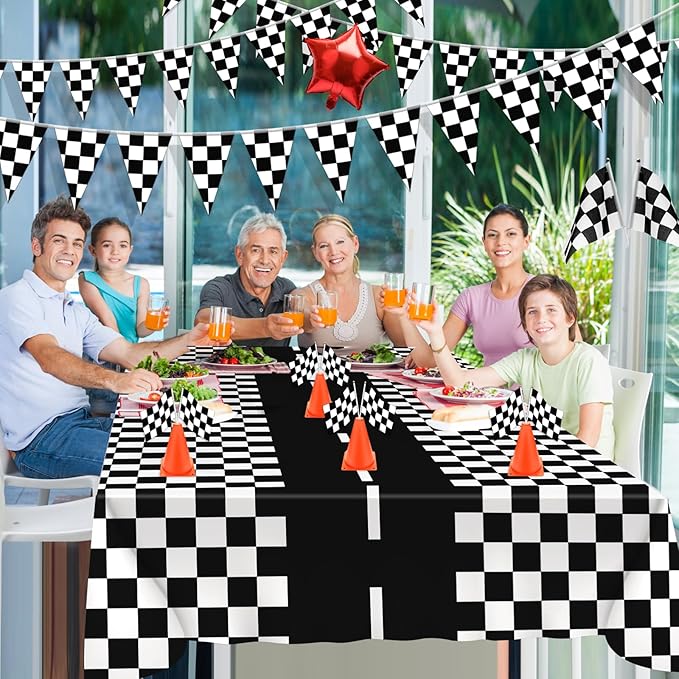 Windspeed Traffic Cones And Racing Checkered Flags, Race Car Party Decorations Include 24P Hand Held Checkered Flag 12P Mini Traffic Cones, Racetrack Floor Running, Hanging Racing Flags, Balloons, Tablecloth