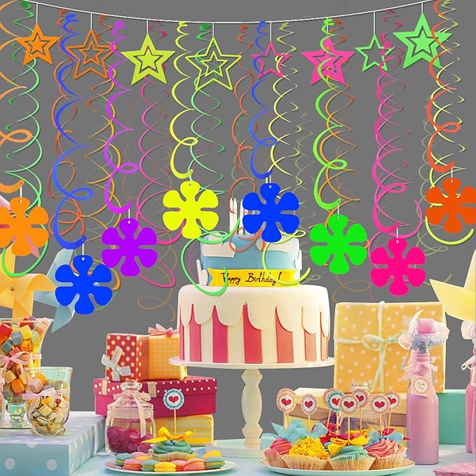 56 Pcs Windmill Flower Ceiling Swirl Decorations Glow in The Dark Party Supplies Flower Neon Hanging Streamers Neon Garlands UV Black Light Neon Party Decorations for Dark Birthday Neon Party Favors