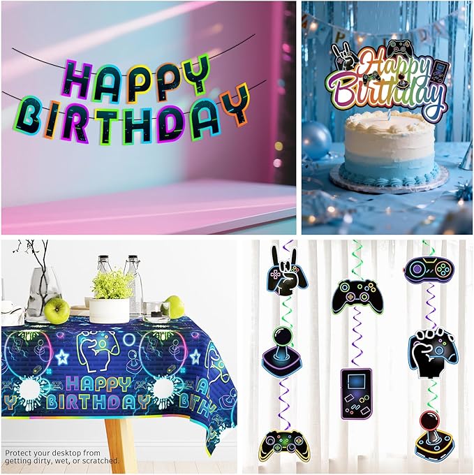 174 Pcs Gamer Birthday Party Decorations Tableware Set with 300gsm Plates and Napkins, Serves 25, 2 Tablecloths, Banner, Cake Toppers, for Boys Video Game Birthday Decorations, Multicolor