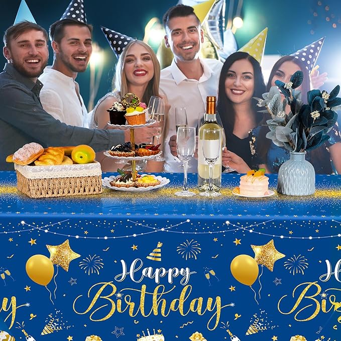 Tudomro 3 Pcs Happy Birthday Tablecloths Happy Birthday Party Decorations Plastic Table Cover Rectangular Cloths for Women Men Baby Shower Party Supplies, 108 x 54 Inch (Blue Silver)