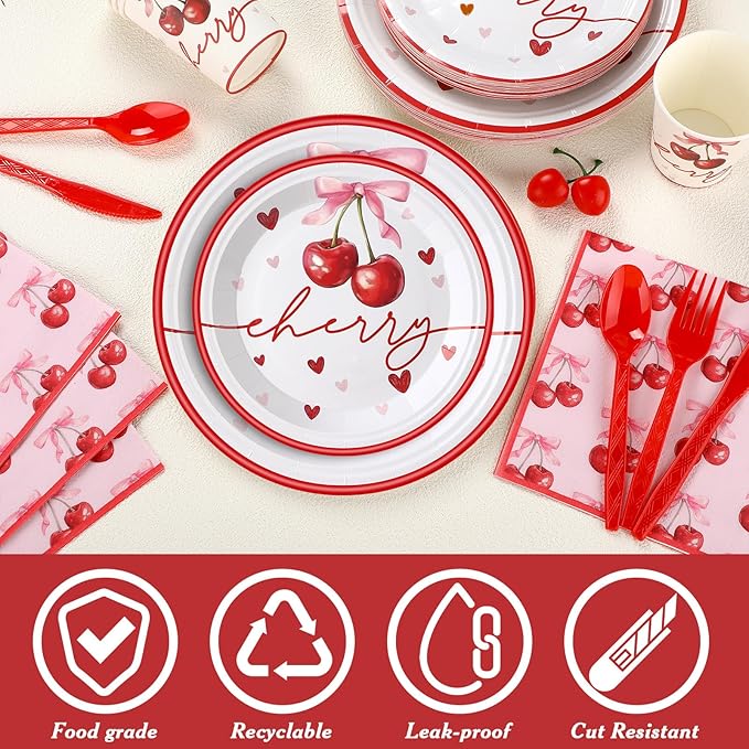 168 Pcs She's Ready to Pop Cherry Bow Baby Shower Decorations Cherry Paper Plates and Napkins Coquette Party Supply Galentine's Valentine's Day Birthday Tableware for 24 Guests Bridal Wedding