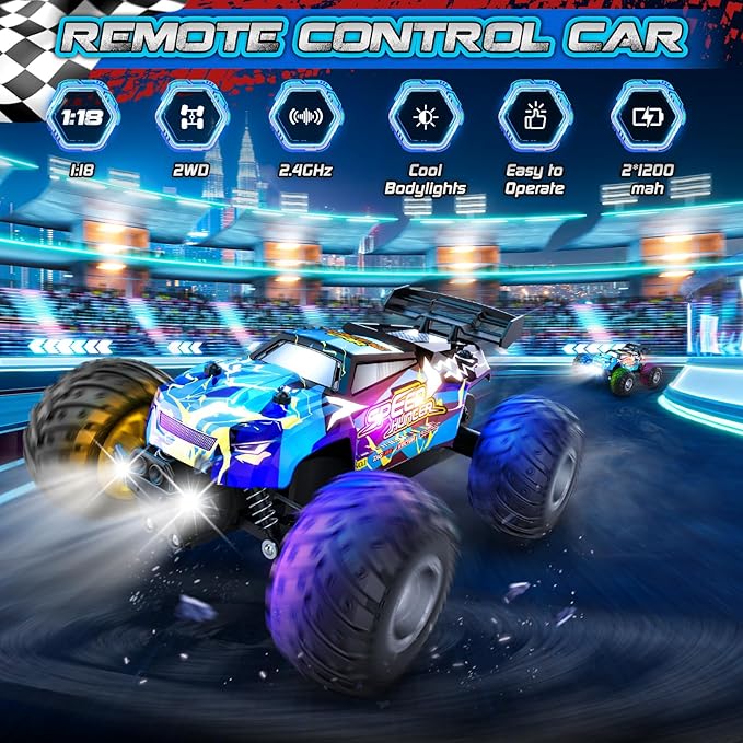 Remote Control Car, 2WD Off-Road Rc Truck, 20 KM/H All-Terrain RC Cars with Headlights & Body Lights, 2.4GHz, 2 Batteries, Remote Control Car for Boys 4-7 8-12, Gift Toys for Boys Girls