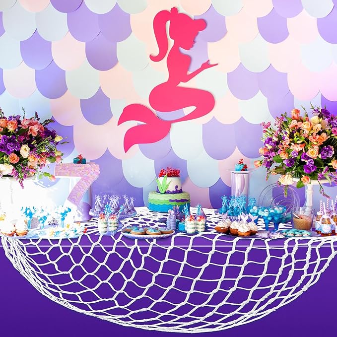 Unittype 10 Pcs Fish Net Decorative and Tablecloth Set, Cotton Fishnet and Plastic Table Cover Decorations Set for Nautical Themed Party Baby Shower Pirate Decorations Mermaid Party (Mermaid Colors)