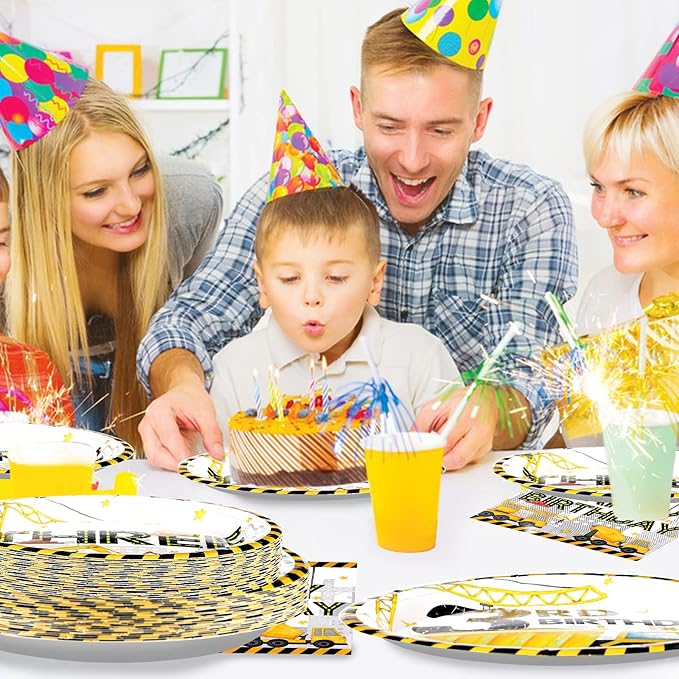 96 Pcs Construction 3rd Birthday Party Supplies Construction Plates Napkins Forks Tableware Set Excavator 3rd Birthday Decorations for Boys Dump Truck Theme 3 Year Old birthday Decorations Serves 24