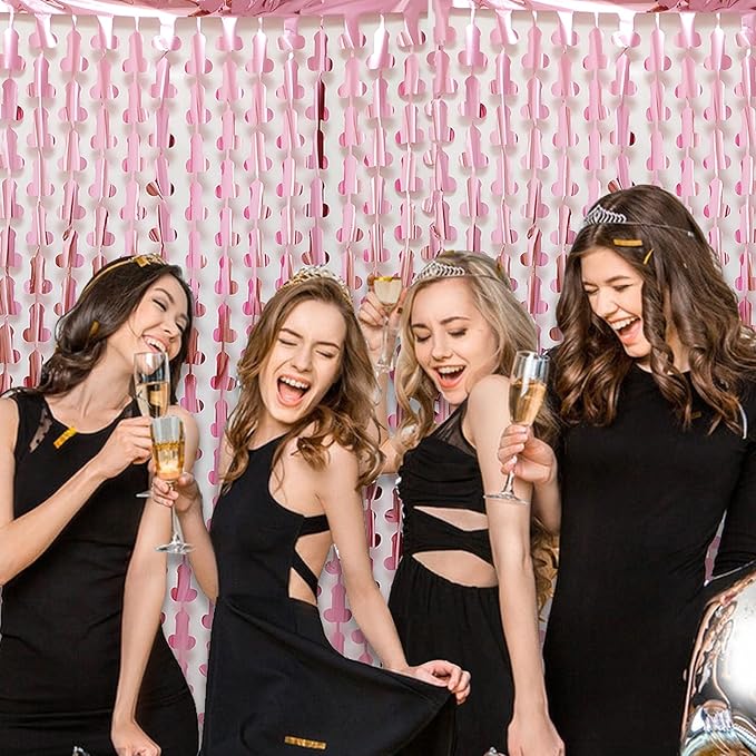 Bachelorette Party Decorations Foil Fringe Curtain, 2-Pack Girls Night Supplies Funny Metallic Streamers, Naughty Tinsel Backdrop for Hen Parties Bridal Shower Adult Birthday (Pink)