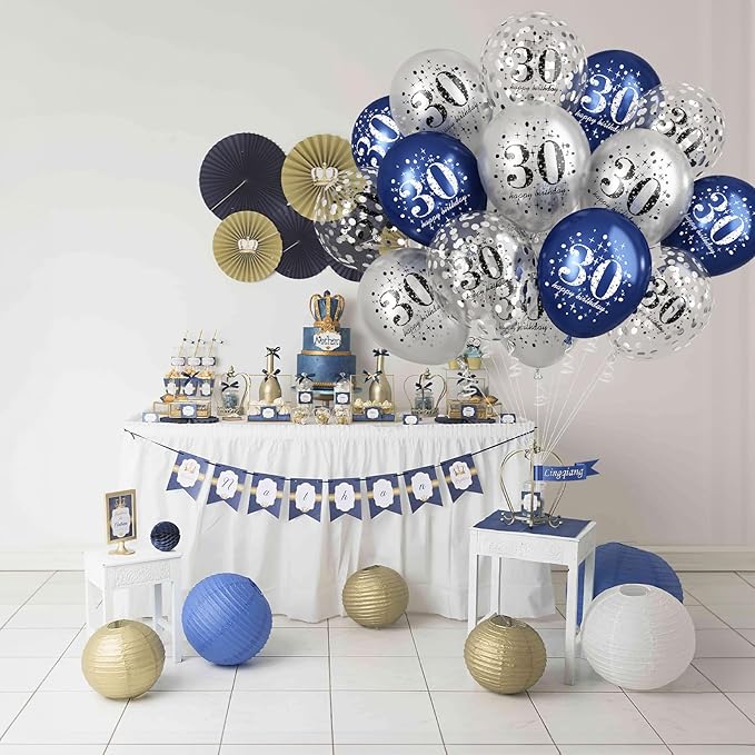 Blue Silver 30th Birthday Latex Balloons, Navy Blue Silver Happy 30th Birthday Party Decorations for Men, 15 Pcs 30th Balloons for Him Age 30 Years Old Birthday Celebration Party Decorations Supplies