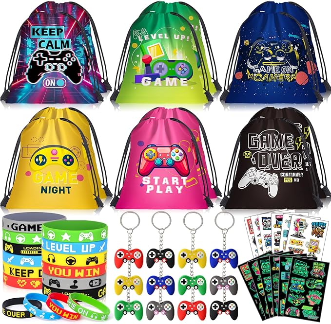 Video Game Party Favors Kids Gamer Birthday Party Supplies Drawstring Bag Silicone Bracelet Glow in Dark Tattoo Sticker Keychain Gamer Party Favors Gaming Birthday Goodie Bag Stuffers