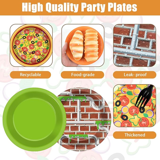 CHUNNIN 48 PCS Turtle Paper Plates Pizza Green Turtle Birthday Party Decorations Disposable Dessert Plates for Video Game Cartoon Themed Birthday Party Supplies
