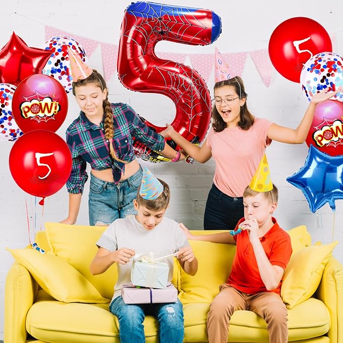 Cartoon Hero 40 Inch Red and Blue Spider Theme Number Foil Birthday Decoration Balloons, Cartoon Party Birthday Supplies, Number large Balloons for Spider Theme Party (5)