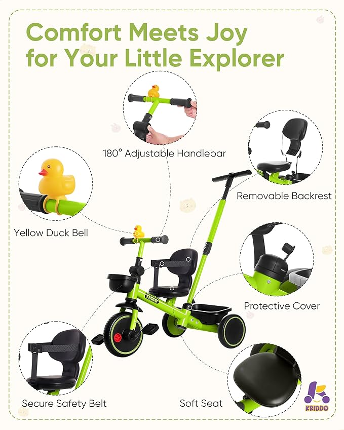 KRIDDO 2-in-1 Tricycle for Toddlers 1.5-5 Years, Push Tricycle with Parent Steering & Detachable Handle, 9-Stage Adjustable Handlebar, Toddler Trike with Safety Belt, Clutch Pedals & Dual Baskets, GN