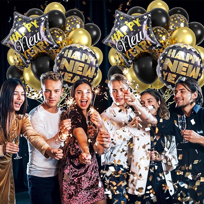 New Year Balloons Back Gold, Happy New Year 2026 Decorations Set, 50 Pcs 12Inch Eve Party Balloon Foil Balloons For 2026 Years Eve Party Supplies Decorations