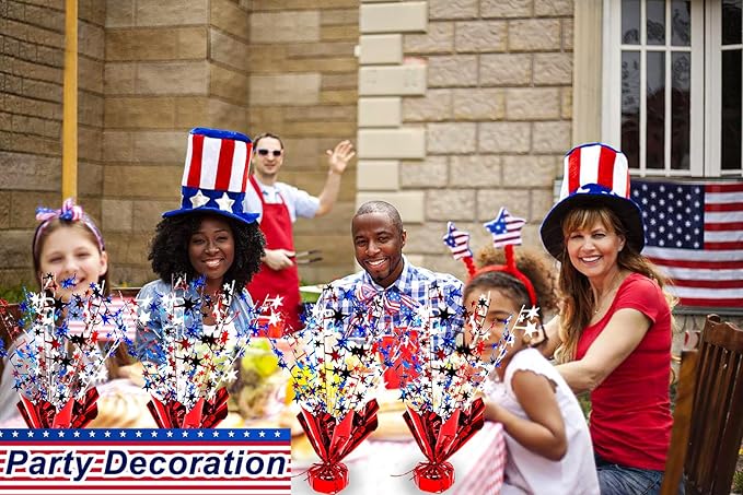 6 Pack 4th of July Table Centerpiece Decoration Metallic Foil Spray Star Burst Patriotic Decoration Independence Day Labor Day Veteran Day Memorial Day Party Supplies, Red White and Blue