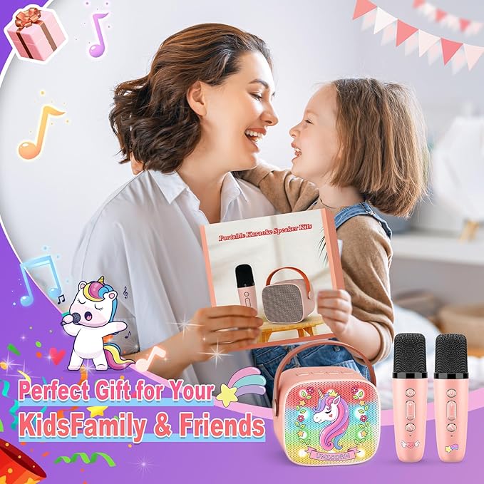Unicorn Mini Karaoke Machine Toys: Kids Toys Girls Xmas Birthday Gifts Age 3-12+ Stocking Fillers LED Portable Bluetooth Speaker with 2 Wireless Microphone Gift Toy for 4 5 6 7 8 9 Years Old Girl Kid
