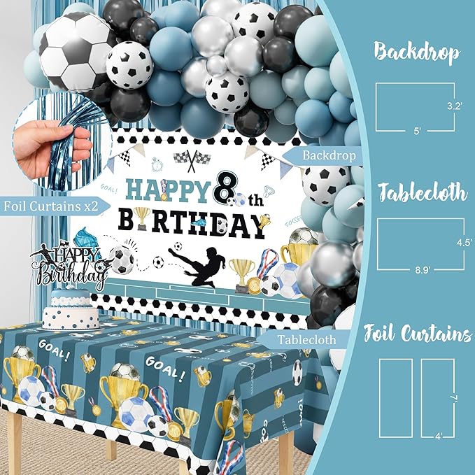 Soccer 8th Birthday Party Decorations Kit for Boys Soccer Birthday Party Supplies Set Soccer Football Party Decor with Backdrop Tablecloth Cake and Cupcake Toppers for 8-Year-Old Kids Boys Party Decor