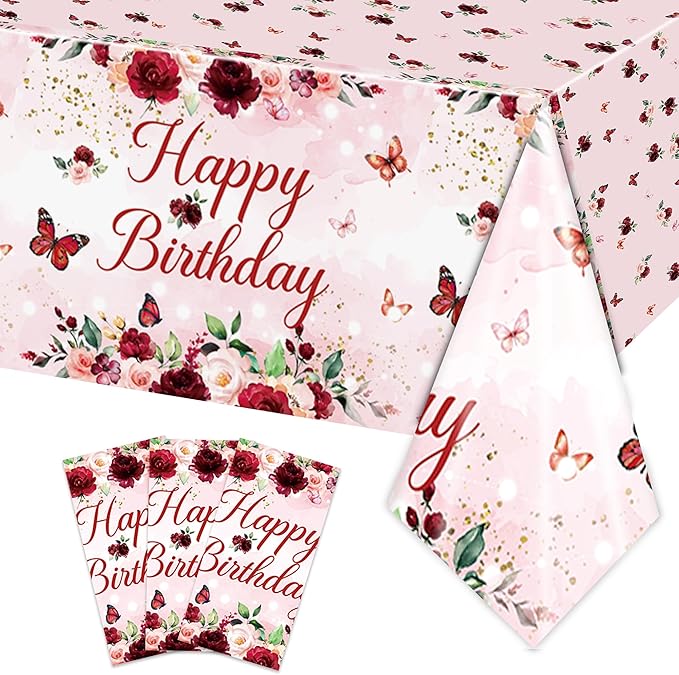 3PCS Happy Birthday Party Tablecloths for Woman Lady Girls Birthday Pink Watercolor Floral Themed Burgundy Flower Table Cover Party Decorations Disposable Plastic Table Cloth