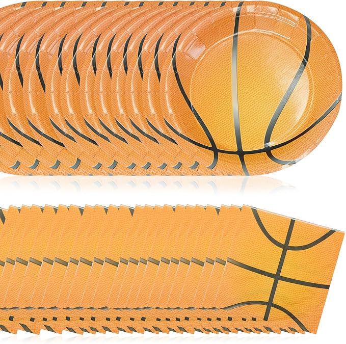 120 Pcs Basketball Party Supplies - 60 Pcs 7 Inch Basketball Plates 60 Pcs Basketball Napkins - Disposable Dessert Plates and Napkins Set for Kids Boys Birthday Basketball Theme Party Decorations