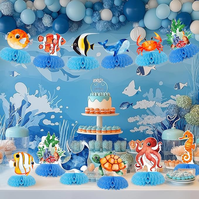 12 pcs Ocean Sea Animals Honeycomb Centerpieces Ocean Themed Birthday Party Decorations Tropical Beach Themed Party Decorations Fish Crab Turtle Seahorse Sea Creature Birthday Party Supplies
