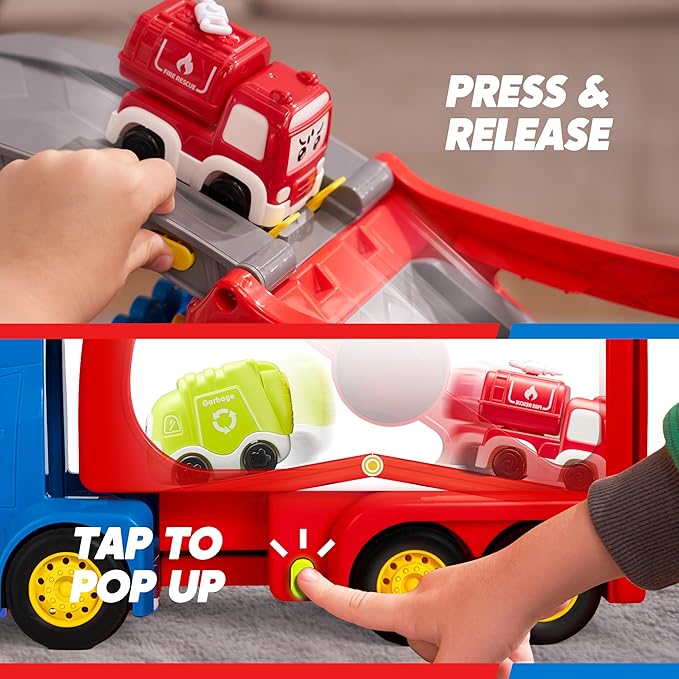 JOVA Extra Large Toy Trucks for Toddlers, 3-Layer City Trucks for Kids, 7-in-1 Big Transport Carrier Truck with Siren & Lights and 6 Toy Cars, Birthday Gifts for Boys