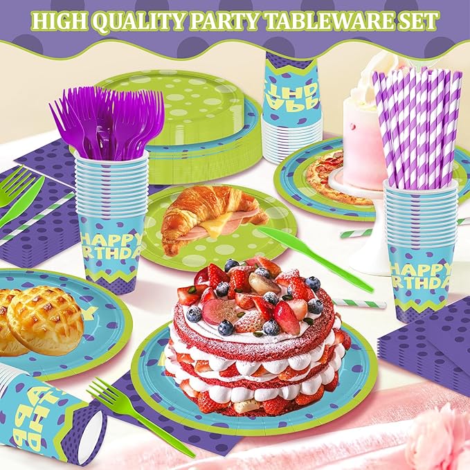 169PCS Monster Birthday Party Supplies for Boys Girl 1st 2nd Green and Purple Cartoon Themed Party Decorations with Paper Plates Cups Forks Knives and Straws Tableware Set for 24 Guests