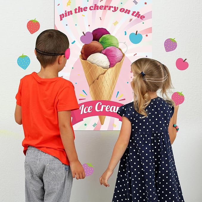 PLULON Ice Cream Party Game for Kids Pin the Cherry Strawberry on the Ice Cream Birthday Game Poster Cherry Strawberry Stickers for Boy Girl Birthday Summer Party Wall Decorations Classroom Activities