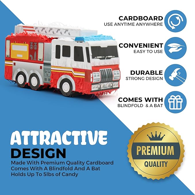 Small Fire Truck Pinatas Bundle with a Blindfold and Bat(16.1x8x5.1 Inches), Perfect for Firetruck Birthday Decorations, Boys Birthday Party Supplies