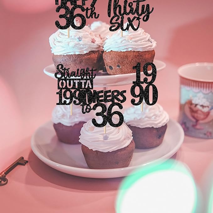 30PCS Black 36th Birthday Cupcake Toppers Glitter Thirty Six Happy 36th Straight Outta 1990 Cupcake Picks for Cheers to 36 Years Birthday Wedding Anniversary Party Cake Decorations Supplies