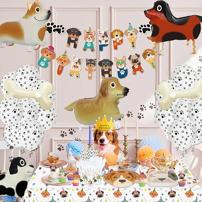 Dog Birthday Party Supplies - Cut Puppy Dog Paw Party Supplies for Doggy, Kids, Birthday Includes Plates, Cups, Napkins, Tableware, Tablecloth, Banner, Balloons, Cake Toppers - Serves 20