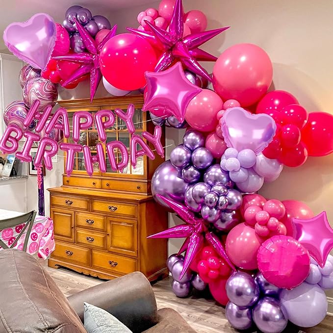 29PC Pink Purple Happy Birthday Balloon Banner, 16Inch 3D Aluminum Letter Banner Sign, Purple Hot Pink Teal Blue Confetti Balloons 18 Inch Heart Star Foil Balloon for Women Party Supply