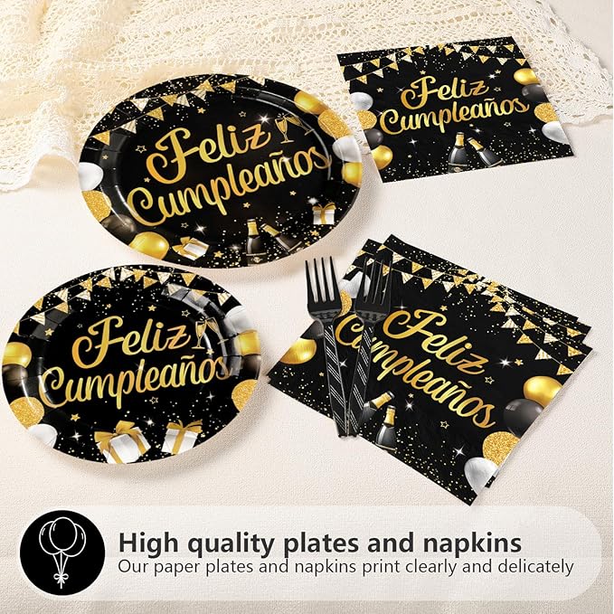 96Pcs Black and Gold Birthday Party Supplies Feliz Cumpleaños Gold Glitter Plates and Napkins Feliz Cumpleaños Happy Birthday Tableware Set for Men Women Spanish Party Decorations Serves 24