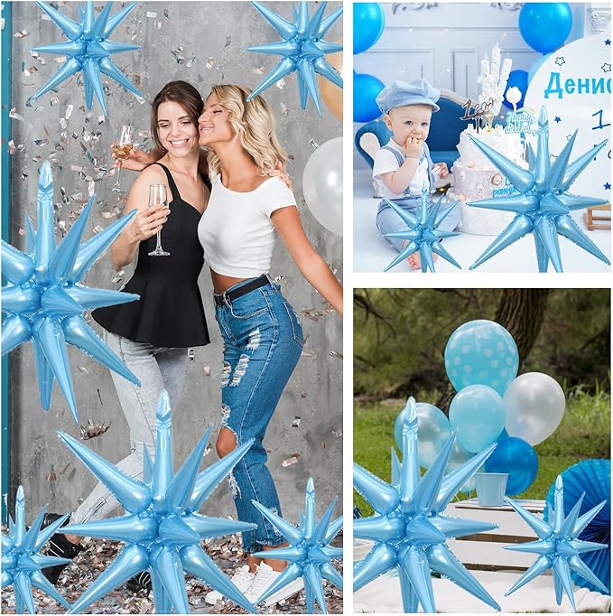 6 Pcs Light Blue Star Foil Balloons One-Piece 14-Pointed Star Balloon 4D Starburst Cone Mylar Balloon 22inch Christmas Birthday Wedding Wedding Anniversary Party Supplies (22&27 Inches Light Blue)