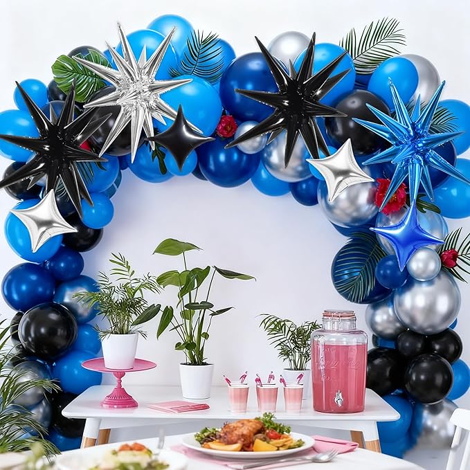 TONIFUL 22Inch 18Pcs Black Blue Silver Explosion Star Mylar Balloons and 10Inch Four Pointed Star Balloons Set for Christmas New Year Birthday Wedding Bridal Shower Anniversary Photo Booth Supplies