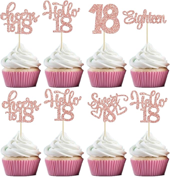 30Pcs18th Birthday Cupcake Toppers Eighteen Happy 18th Cupcake Picks Sweet 18 Cheers to 18 Cake Decorations for 18th Birthday Anniversary Party Supplies Rose Gold Glitter