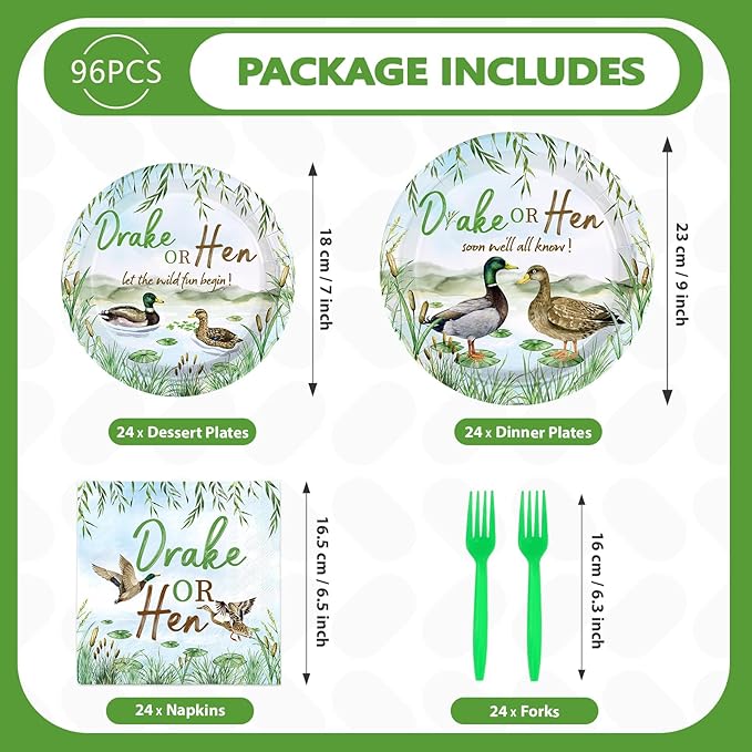 96Pcs Mallard Duck Gender Reveal Party Decorations Mallard Duck Gender Reveal Plates and Napkins Drake or Hen Disposable Tableware for Baby He or She Party Decorations Serve 24