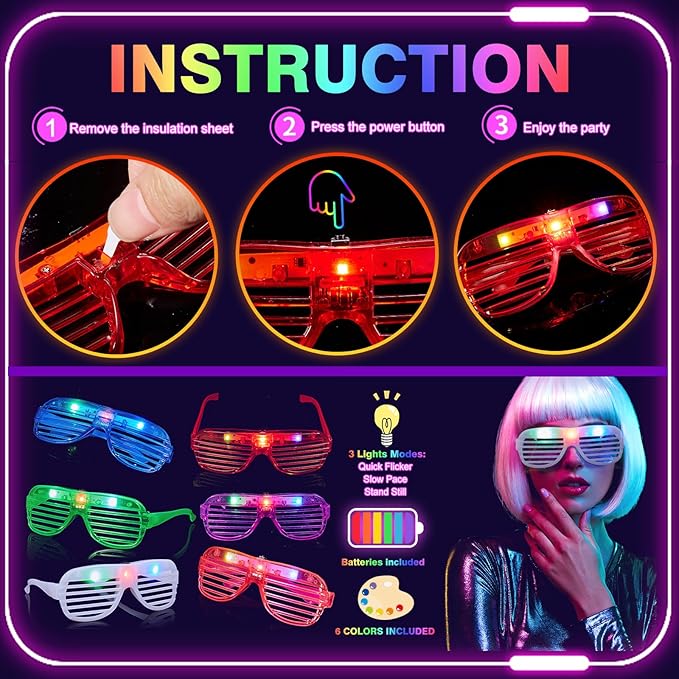 360PCS Glow in the Dark Party Supplies, Light Up Party Favors with Neon Hats, LED Glasses & Pop Tubes, Balloons, 200 Glow Sticks Light Up Accessories for Hora Loca Carnival 80's Neon Party Halloween