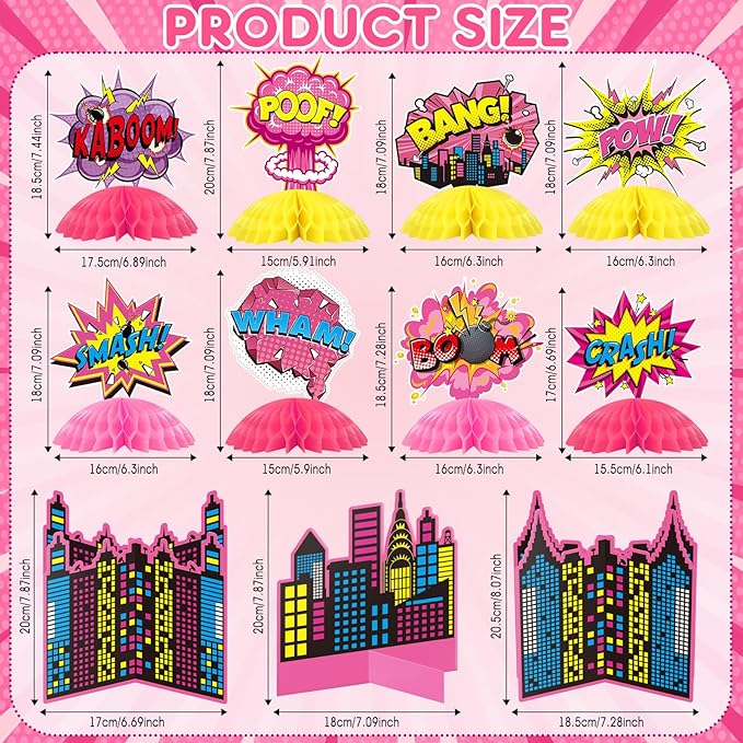 Funrous 11 Pieces Hero Party Decoration Hero Honeycomb Centerpieces 3D Table Topper Paper Large Word Centerpieces Fun Action Sign Standing Card for Birthday Baby Shower Decor Supplies (Pink)