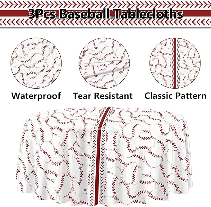 3pc Tablecloths, Disposable Party Decorations - 84Inch Patterned Table Covers for Boys Baseball/Sports Events Birthday Parties