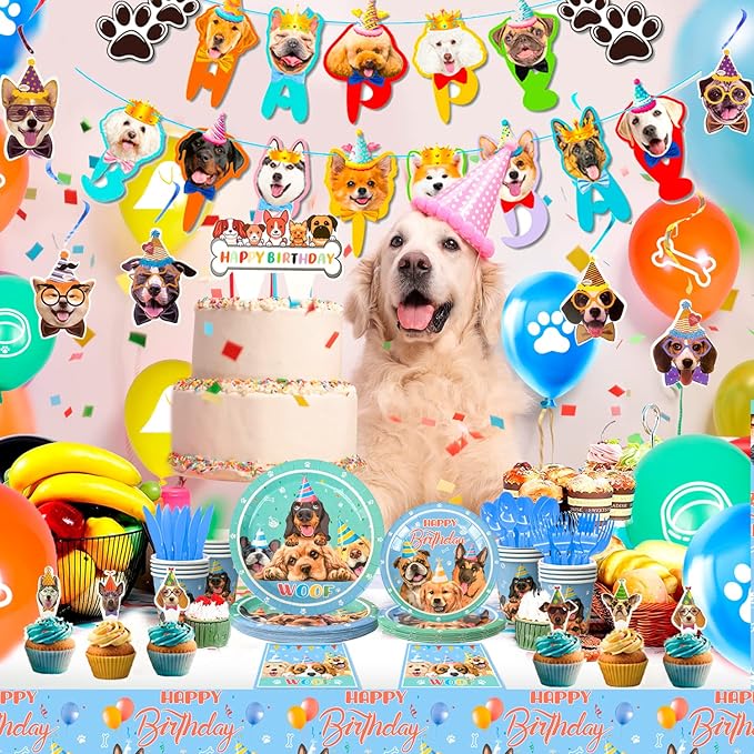 159 Pcs Puppy Birthday Party Decorations, 16 Guests Dog Birthday Tableware Set Dog Party Plates Cups Napkins Tablecloth Banner Balloon Cake Topper etc Puppy Themed Party Supplies