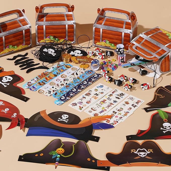 Vanblue 144Pcs Pirate Party Favors Birthday Party Decorations Supplies Pirate Eye Patch Mustache Goodie Bags Stuffers Pinata Filler Classroom Prizes Treasure Boxes for Kids Boys