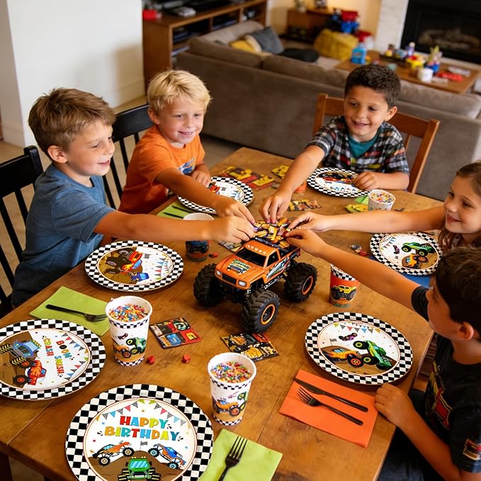 96 Pcs Truck Plates and Napkins Tableware Set (Serves 24), Party Supplies Include Plates Napkins and Forks for Truck Birthday Decorations