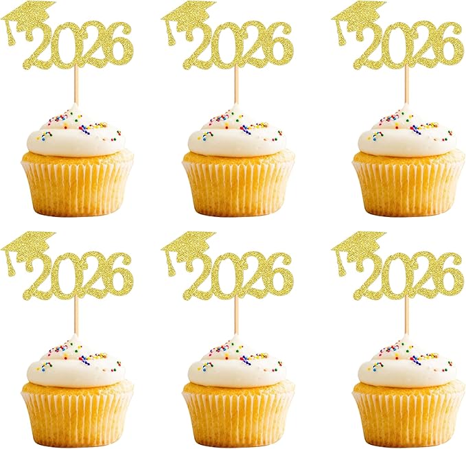 24 Pcs Graduation Cupcake Toppers 2026, Food/Appetizer Picks For Graduation Party Mini Cake Decorations, 2026 Cupcake Toppers(Gold)