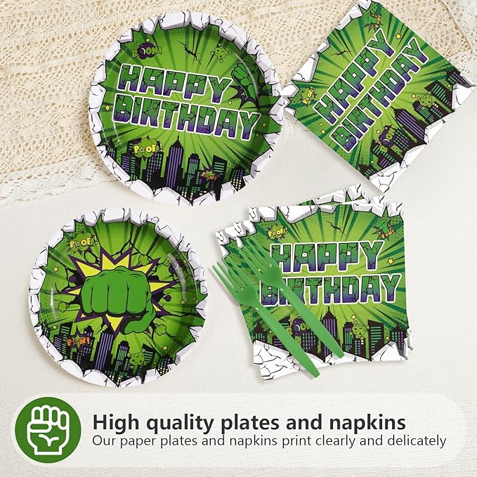 96Pcs Green Hero Birthday Party Supplies Super Green Hero Birthday Plates and Napkins Cityscape Super Bang Cartoon Movie Themed Tableware Set for Kids Boys Party Supplies，Serves 24