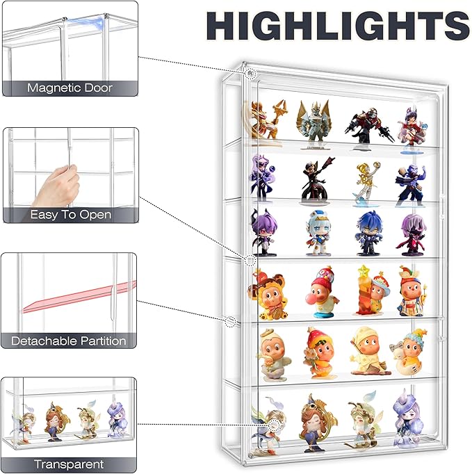 23.6 inch Tall Acrylic Display Case Clear Wall Mounted 6 Tier Acrylic Display Cases for Collectibles Figures Doll Dustproof Action Figure Storage Box 13.8'' x 4.7'' x 23.6''