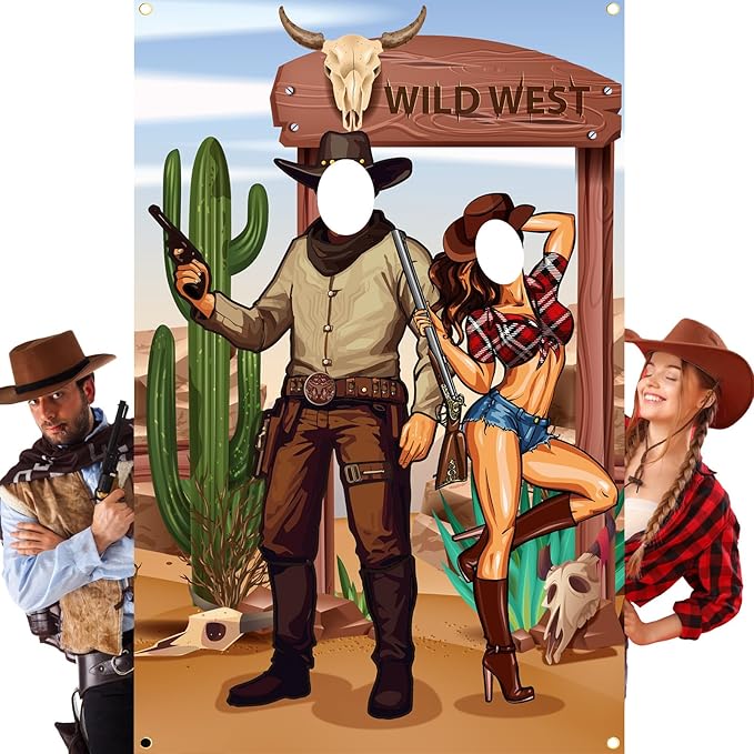 Tudomro 73 x 47 Inch Western Cowboy Backdrop Party Decorations Wild West Large Photo Booth Props Background Door Banner Cowboy Themed Funny Games Supplies for Birthday Party Men
