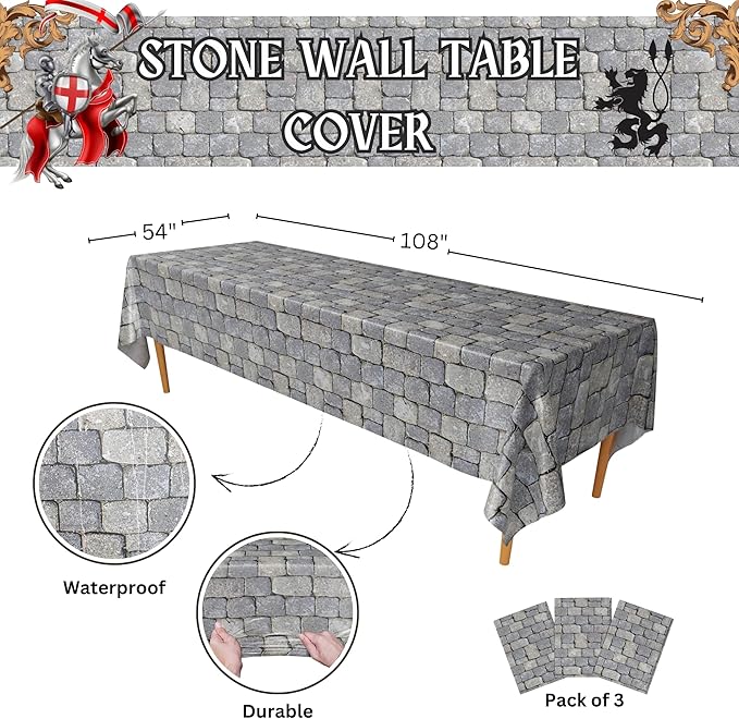 Stone Wall Table Covers (Pack of 3) - 54"x108" XL - Medieval Party Decorations, Knight Themed Party Supplies, Castle Parties, Cobblestone, Stone Scene Setter, Knight Birthday Decorations