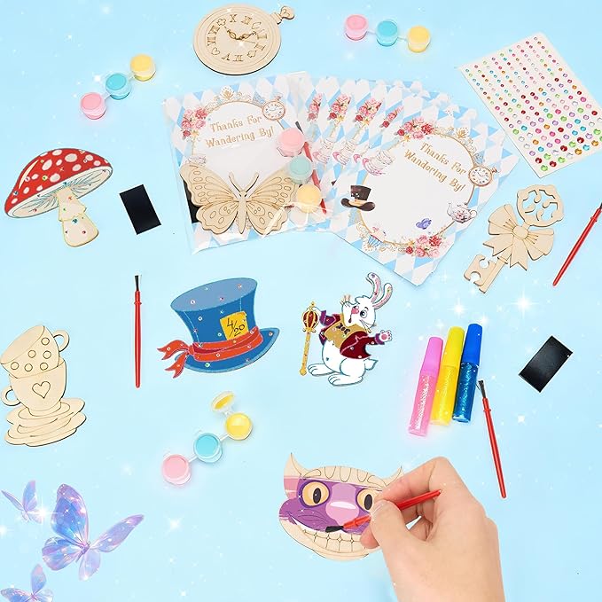 Bafeil 24 Sets Alice Party Favors, DIY Wooden Painting Crafts Kit with Magnets, Wonderland Birthday Decorations, Tea Party Supplies Goodie Bags Gifts Stuffers Prizes Classroom Rewards