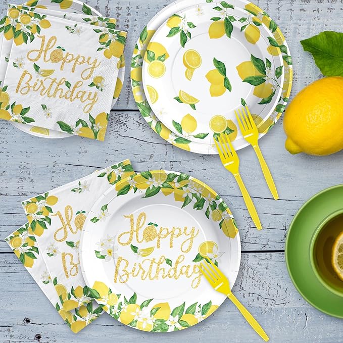 Grencian 96PCS Lemon Party Decorations Lemon Birthday Party Plates Disposable Yellow Lemons Paper Tableware Set for Lemon Birthday Lemon Baby Shower Summer Fruit Themed Party, Serves 24