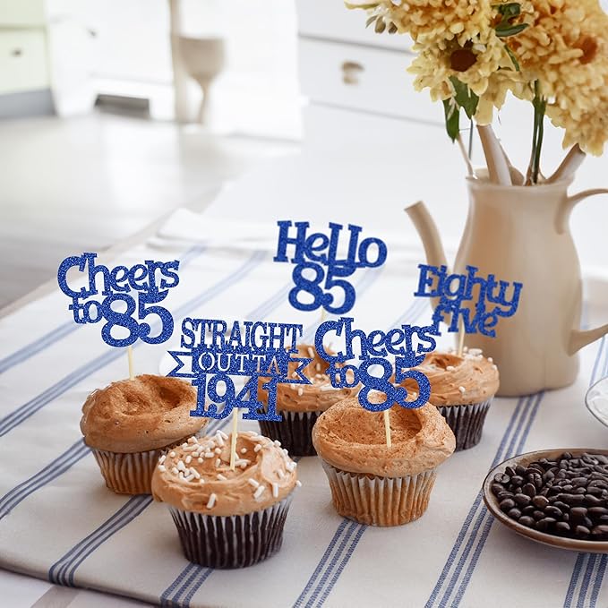 Ephlyn 24Pcs 85th Birthday Cupcake Toppers Glitter Straight Outta 1941 Cupcake Picks Hello 85 Cheers to 85 Years Cake Decorations for 85th Birthday Anniversary Party Decorations Supplies Blue