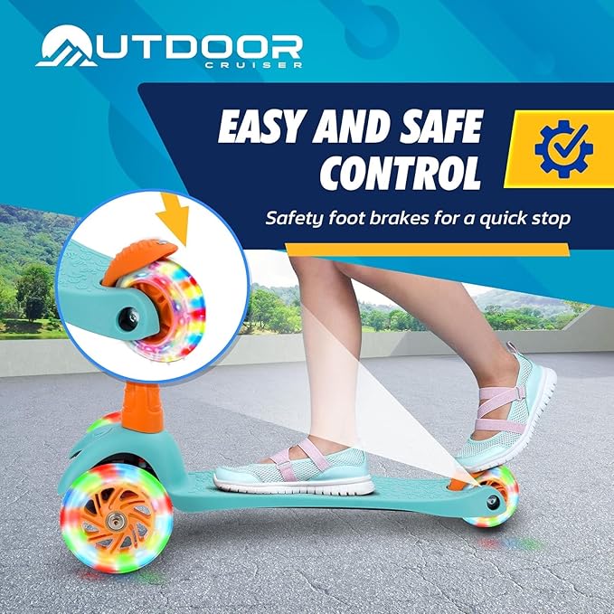 Outdoor Cruiser 3-Wheel Kids Scooter – with Lean-to-Steer Technology, Led Lighted Wheel, 4-Level Adjustable Height T-bar Handle, Support Kids Up to 150 Lbs, for Boys & Girls Ages 3-8, Aqua and Orange