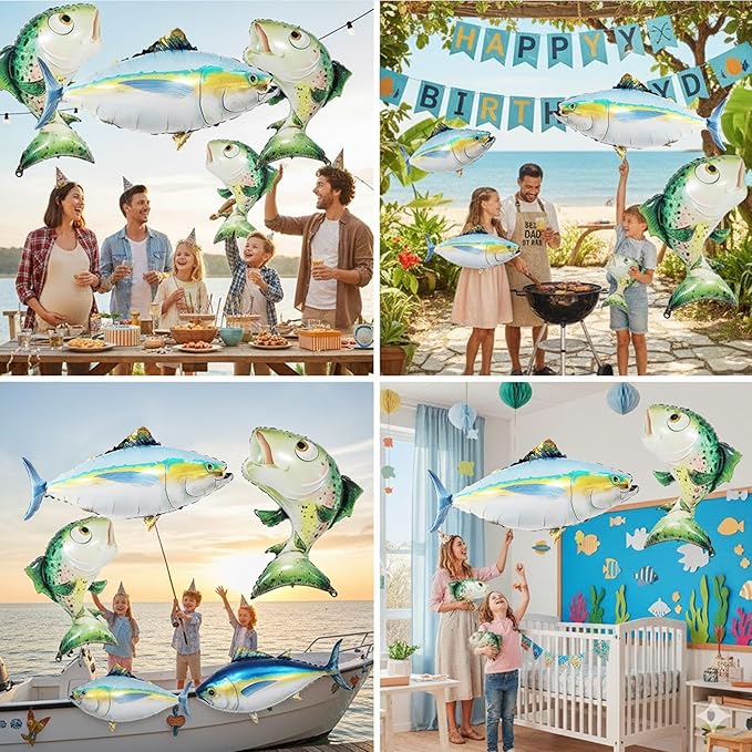 Realistic Fish Foil Balloons 4 Pack for Fishing Party Decorations - Gone Fishing Themed Birthday Supplies, Ocean Under the Sea Party Balloons, O-fish-ally One Decor (Tuna & Salmon)