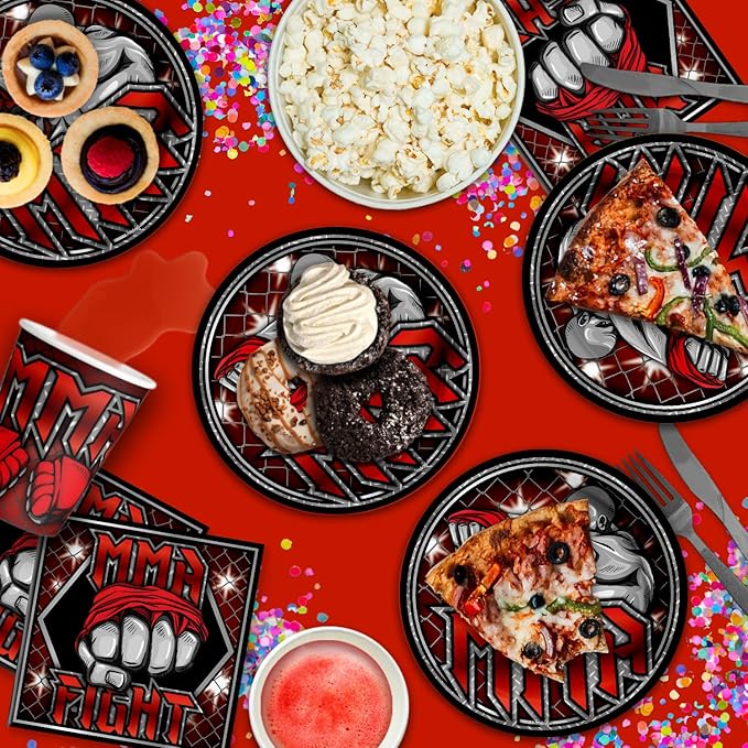 Birthday Galore Martial Arts MMA Birthday Party Supplies - Ultimate Boxer Champion Fighter Party Tableware Set - Red - Includes Plates Napkins Cups - Kit for 16
